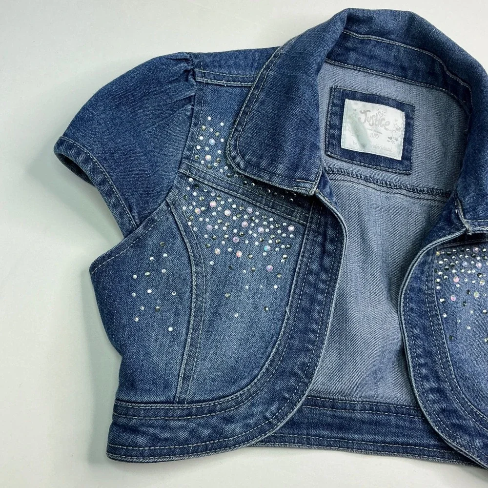 Justice Blue Denim Bolero Shrug Kids 8/10 Rhinestone Embellished Cap Sleeve